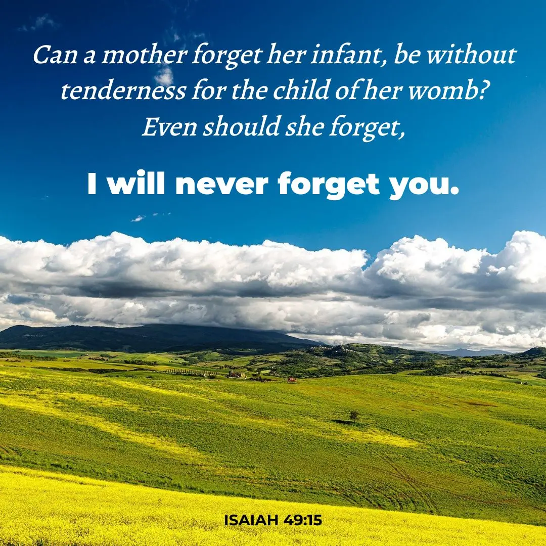 “Can a mother forget her infant, be without tenderness for the child of her womb? Even should she forget, I will never forget you.” 
– Isiah 49:15

#Godstr #inspiration #olas